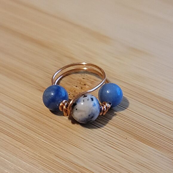 Handmade K2 Jasper and Blue Aventurine Copper Wire Wrapped Ring Non-Adjustable - Picture 3 of 4